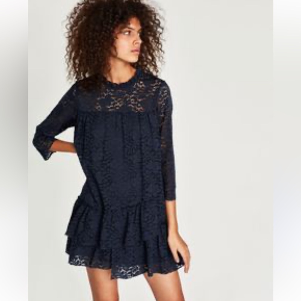 Zara Basic Collection Navy Blue Lace 3/4 Sleeve Babydoll Mini Dress Size: S